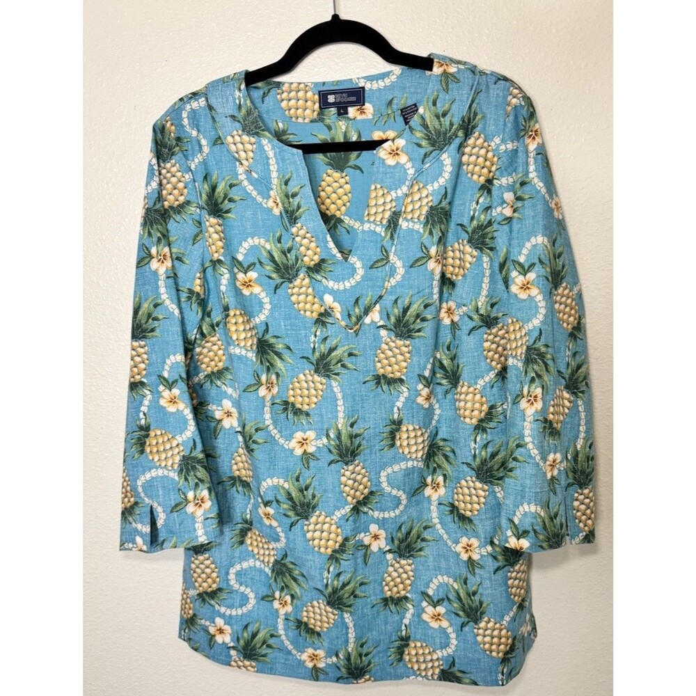 Reyn Spooner Women’s  Blue Pineapple Hawaiian Top Aloha Tropical Shirt Size L